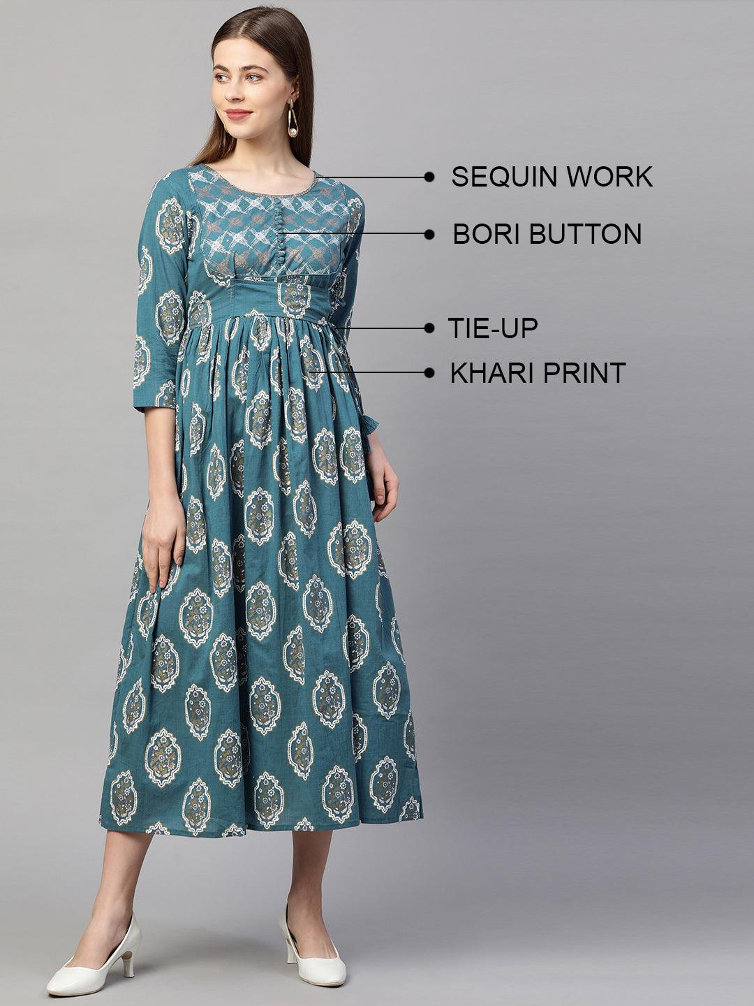 Ethnic Khari & Foil Printed Maxi Dress - Yale Blue - Indiakreations