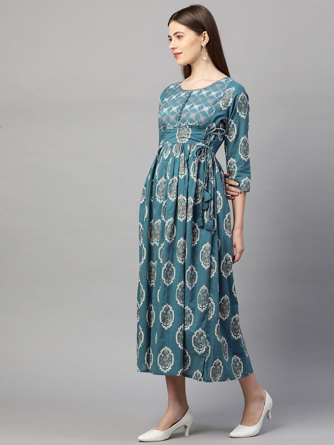 Ethnic Khari & Foil Printed Maxi Dress - Yale Blue - Indiakreations