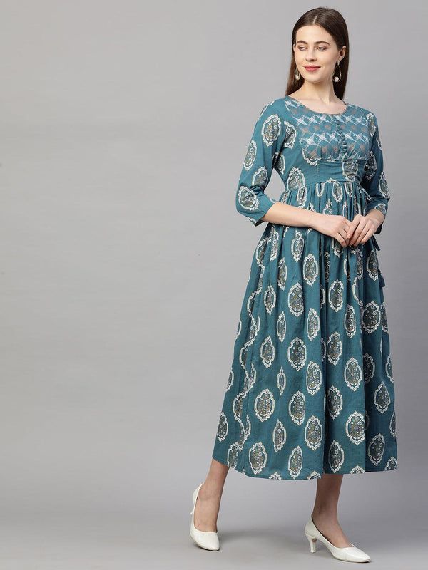 Ethnic Khari & Foil Printed Maxi Dress - Yale Blue - Indiakreations