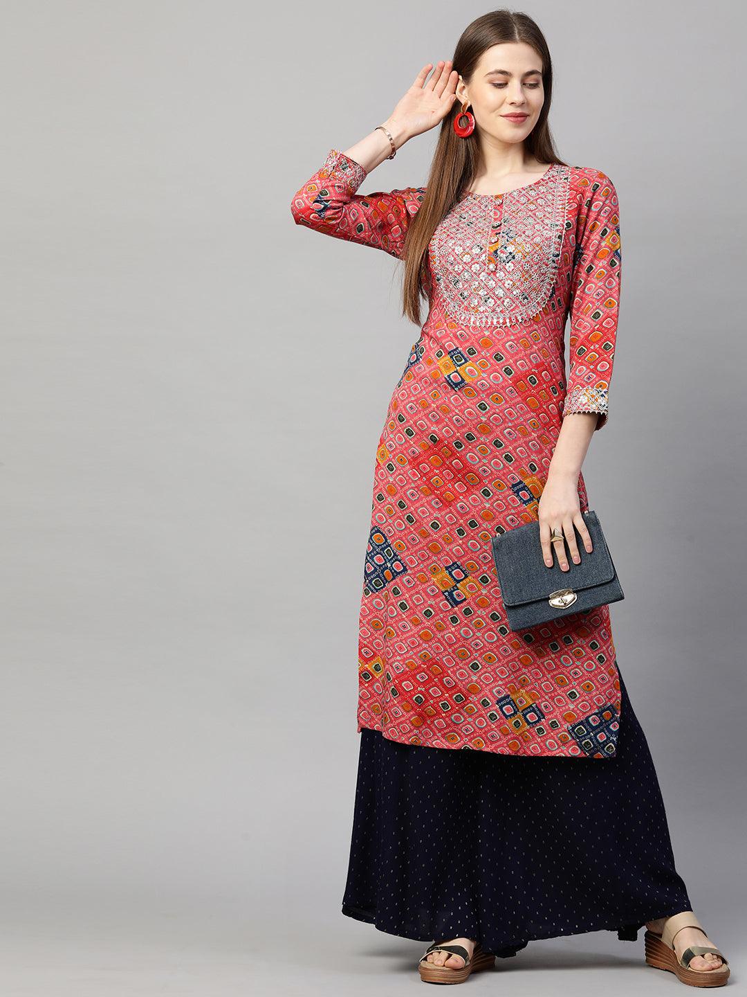 Ethnic Printed & Embroidered Straight Kurta - Punch Pink - Indiakreations