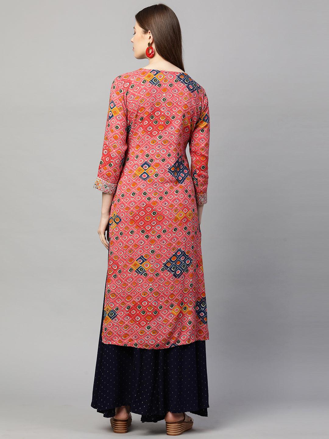 Ethnic Printed & Embroidered Straight Kurta - Punch Pink - Indiakreations