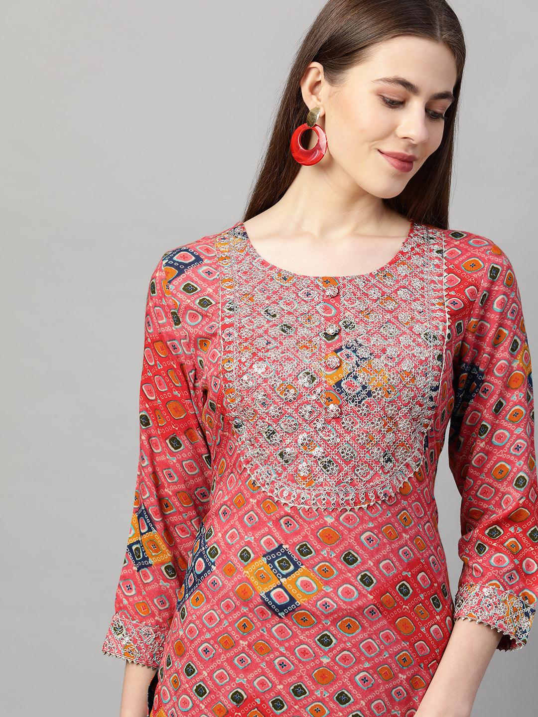 Ethnic Printed & Embroidered Straight Kurta - Punch Pink - Indiakreations