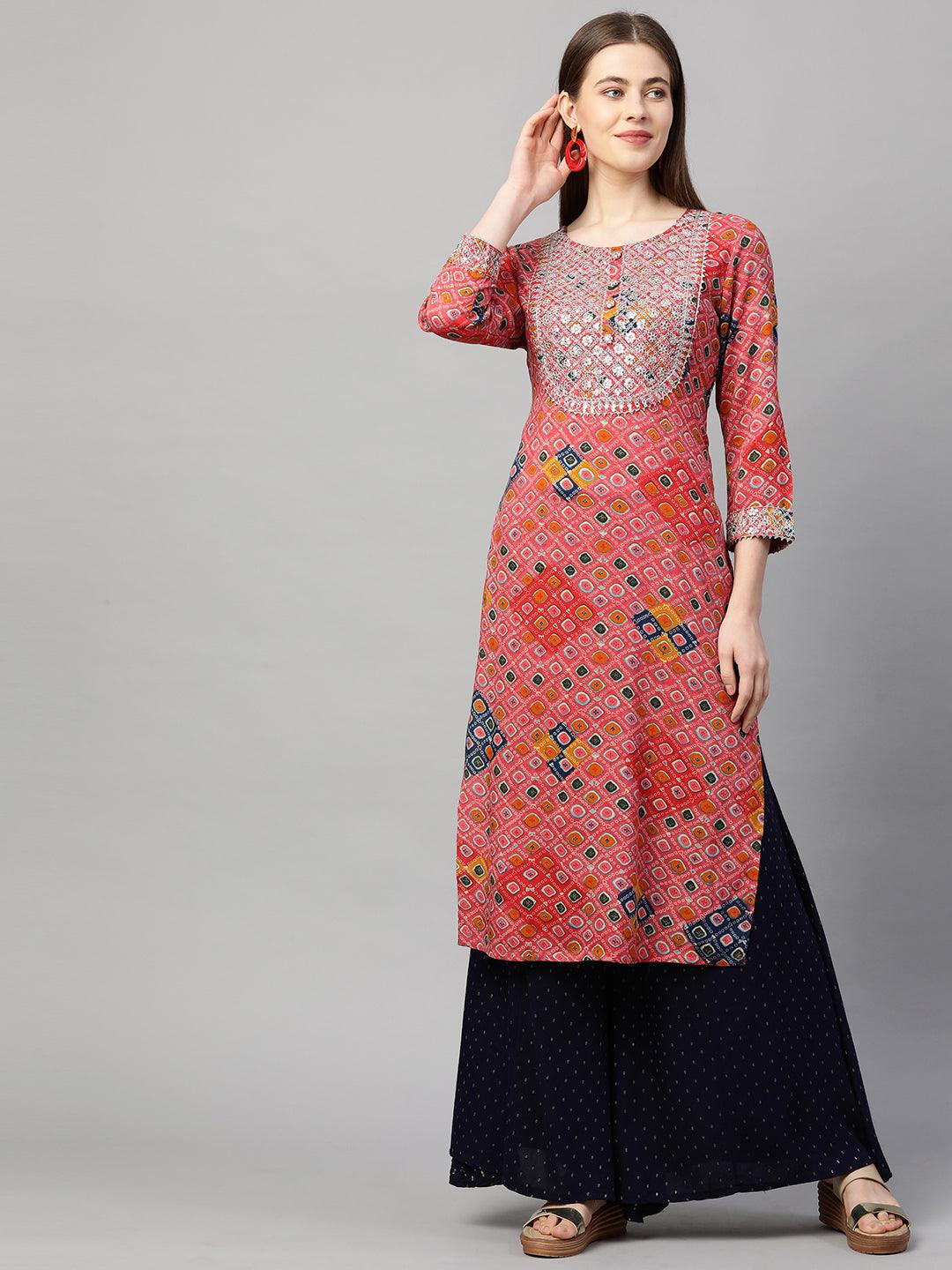 Ethnic Printed & Embroidered Straight Kurta - Punch Pink - Indiakreations