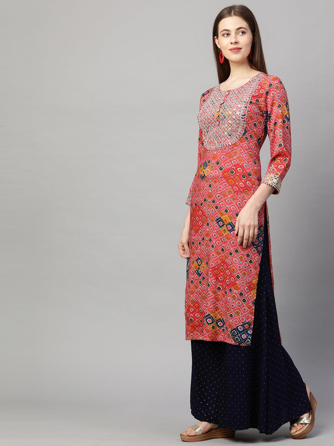 Ethnic Printed & Embroidered Straight Kurta - Punch Pink - Indiakreations