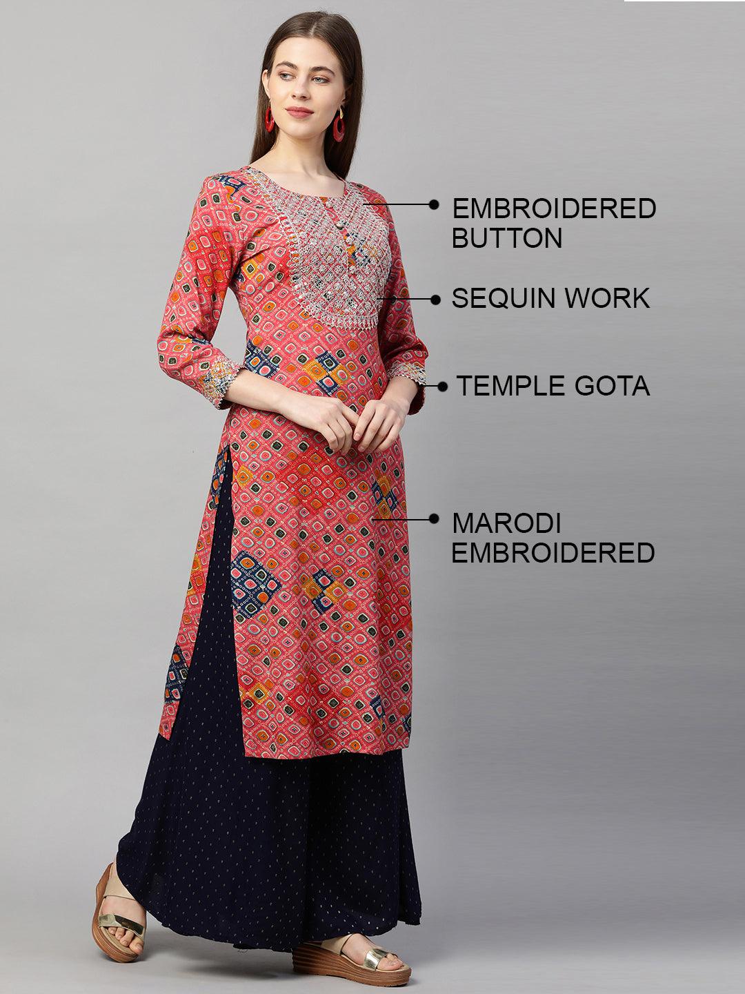 Ethnic Printed & Embroidered Straight Kurta - Punch Pink - Indiakreations