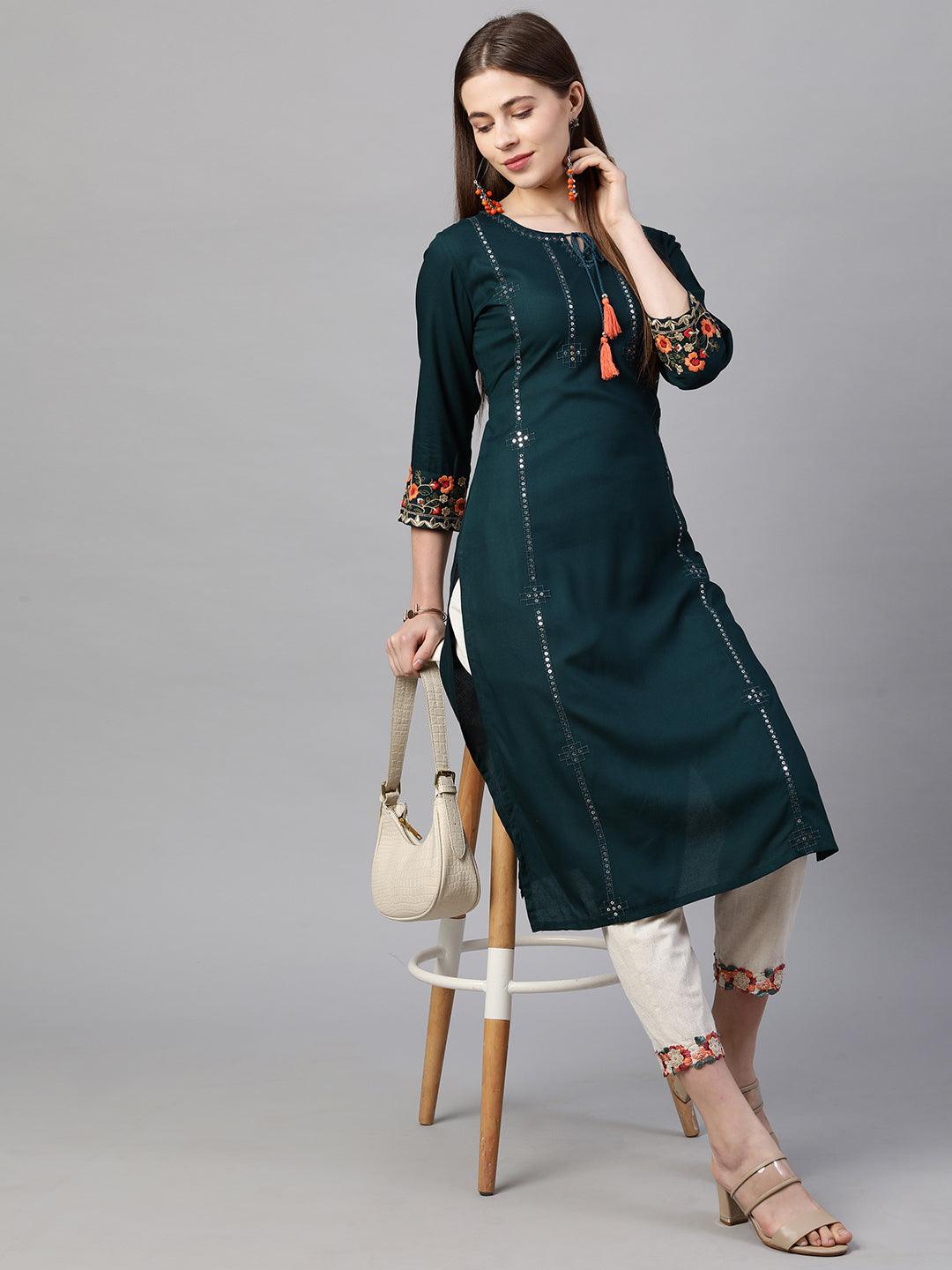 Floral & Sequin Embroidered Straight Kurta - Teal - Indiakreations