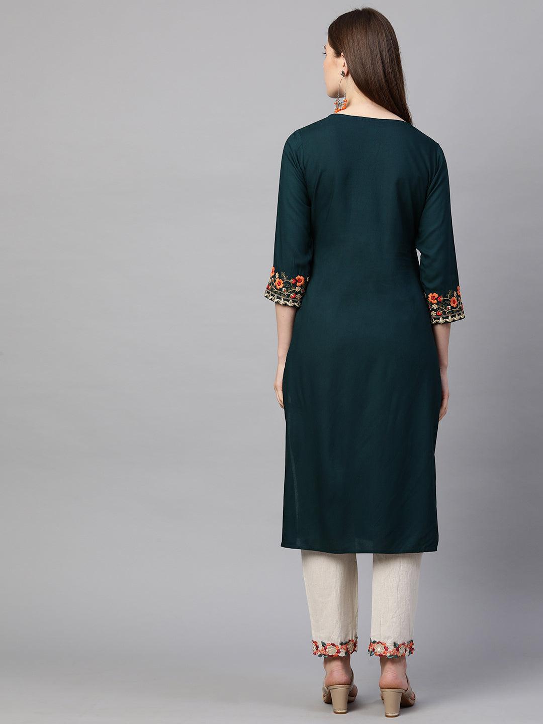 Floral & Sequin Embroidered Straight Kurta - Teal - Indiakreations