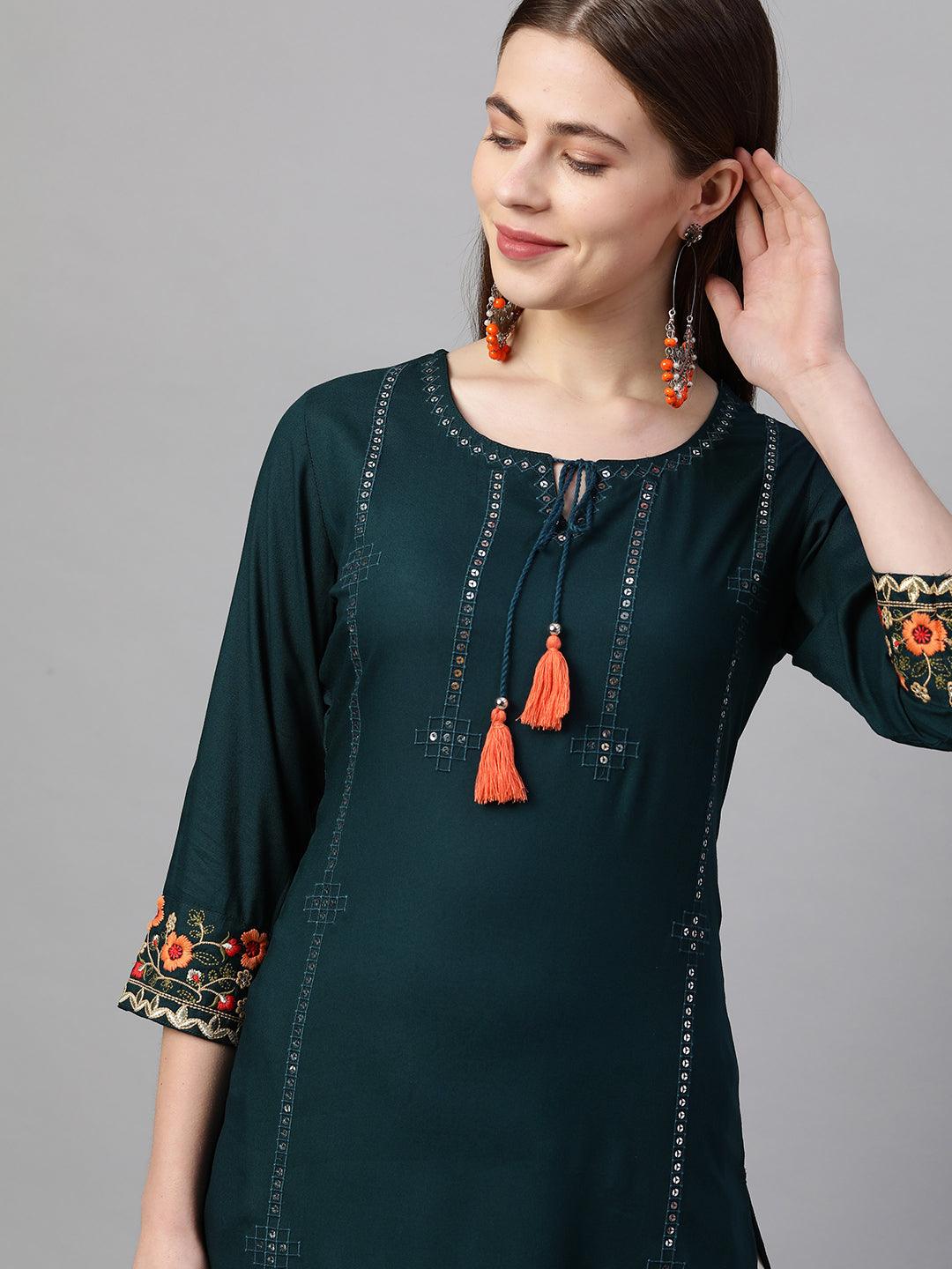 Floral & Sequin Embroidered Straight Kurta - Teal - Indiakreations