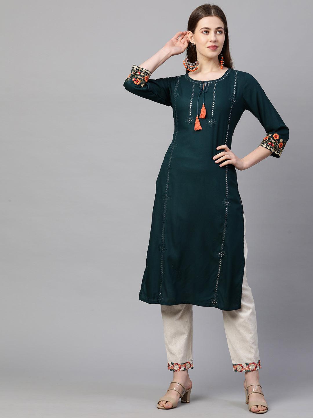 Floral & Sequin Embroidered Straight Kurta - Teal - Indiakreations