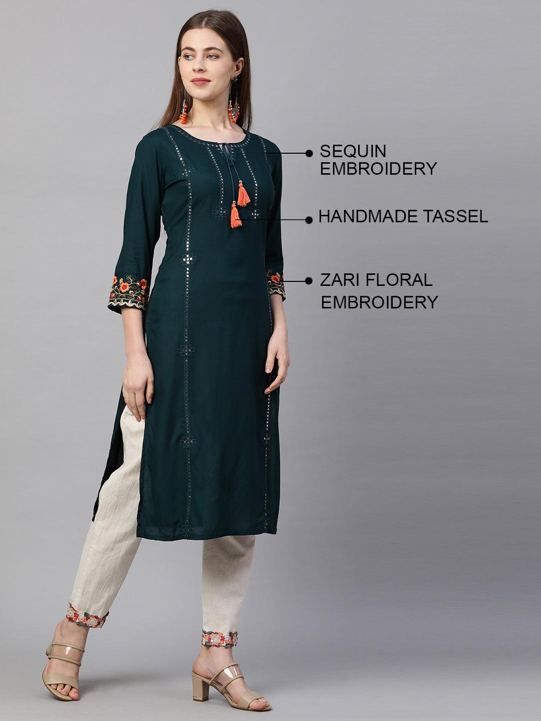 Floral & Sequin Embroidered Straight Kurta - Teal - Indiakreations