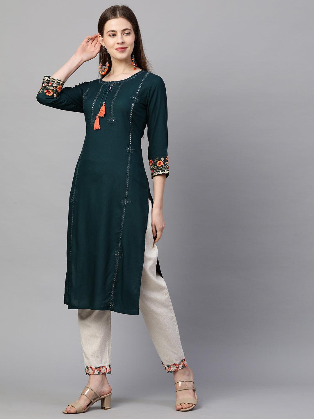 Floral & Sequin Embroidered Straight Kurta - Teal - Indiakreations