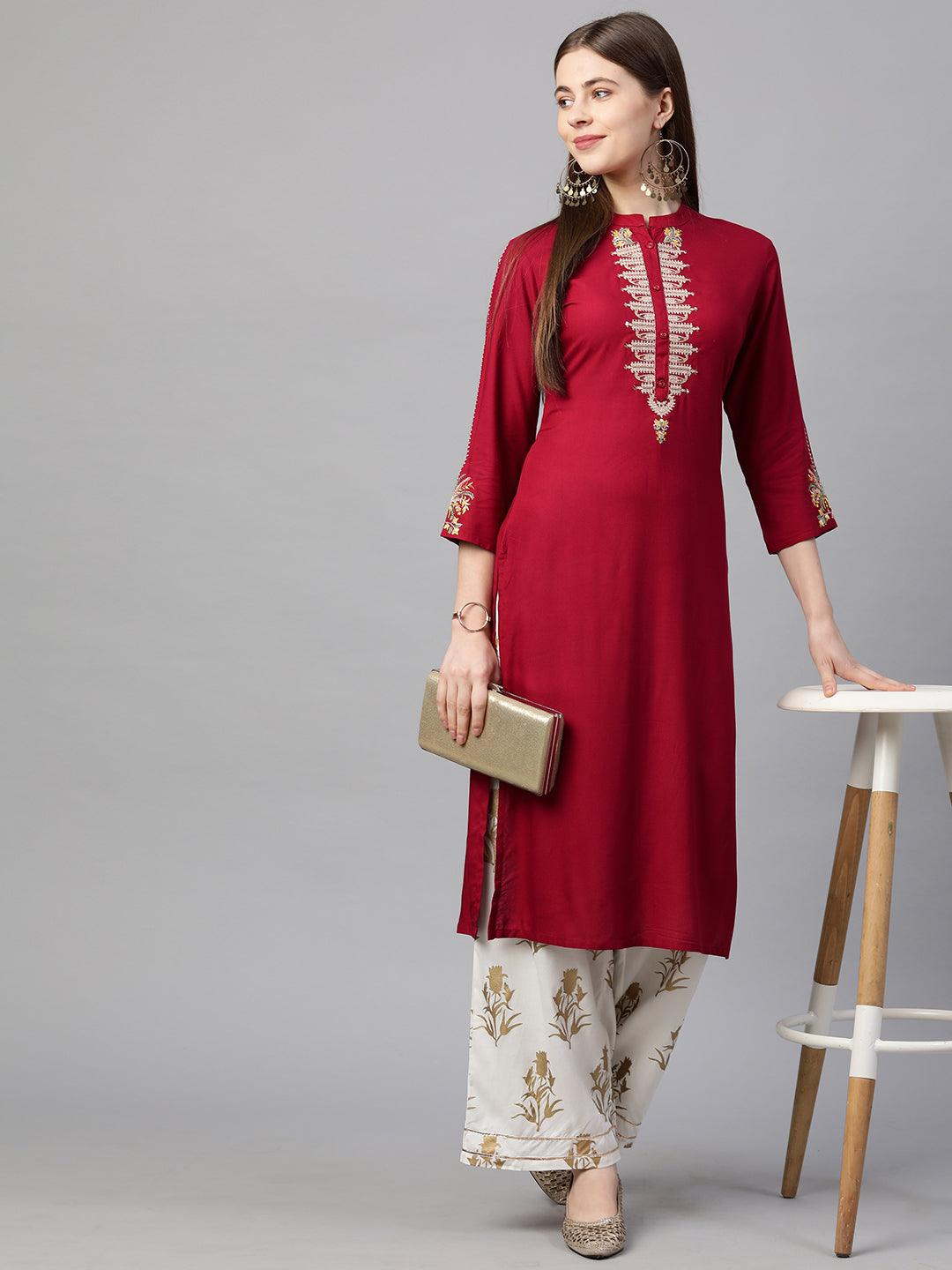 Zari Embroidered Straight Kurta - Garnet Red - Indiakreations