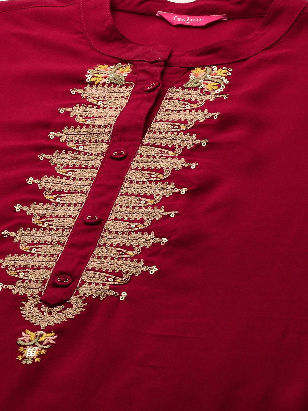 Zari Embroidered Straight Kurta - Garnet Red - Indiakreations