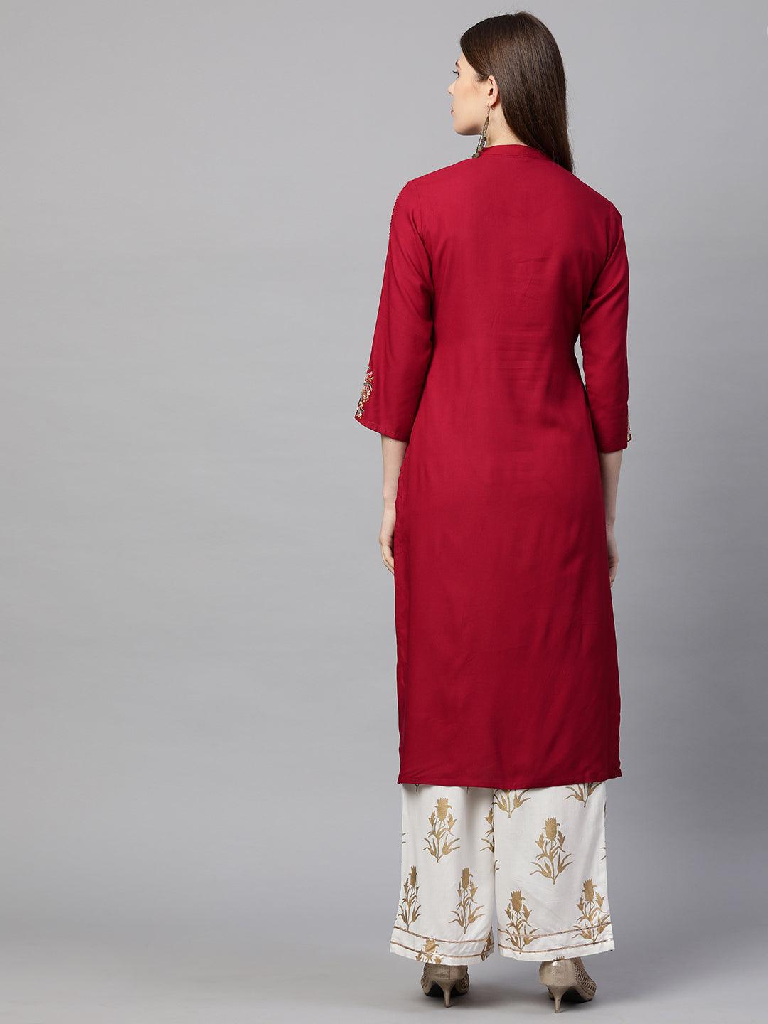 Zari Embroidered Straight Kurta - Garnet Red - Indiakreations