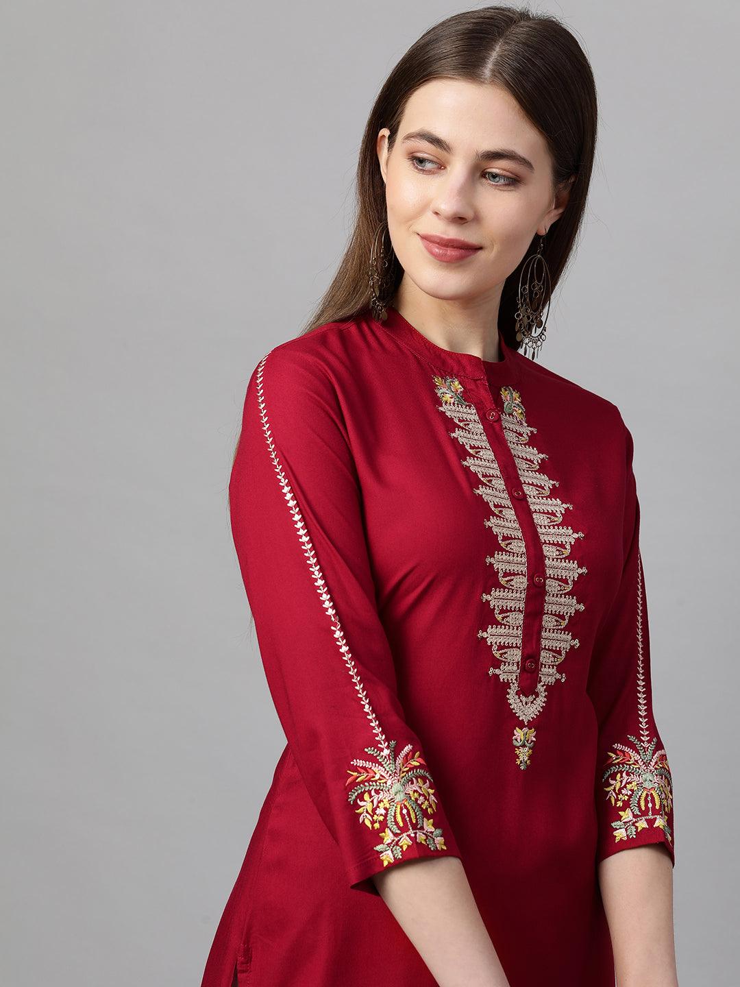 Zari Embroidered Straight Kurta - Garnet Red - Indiakreations