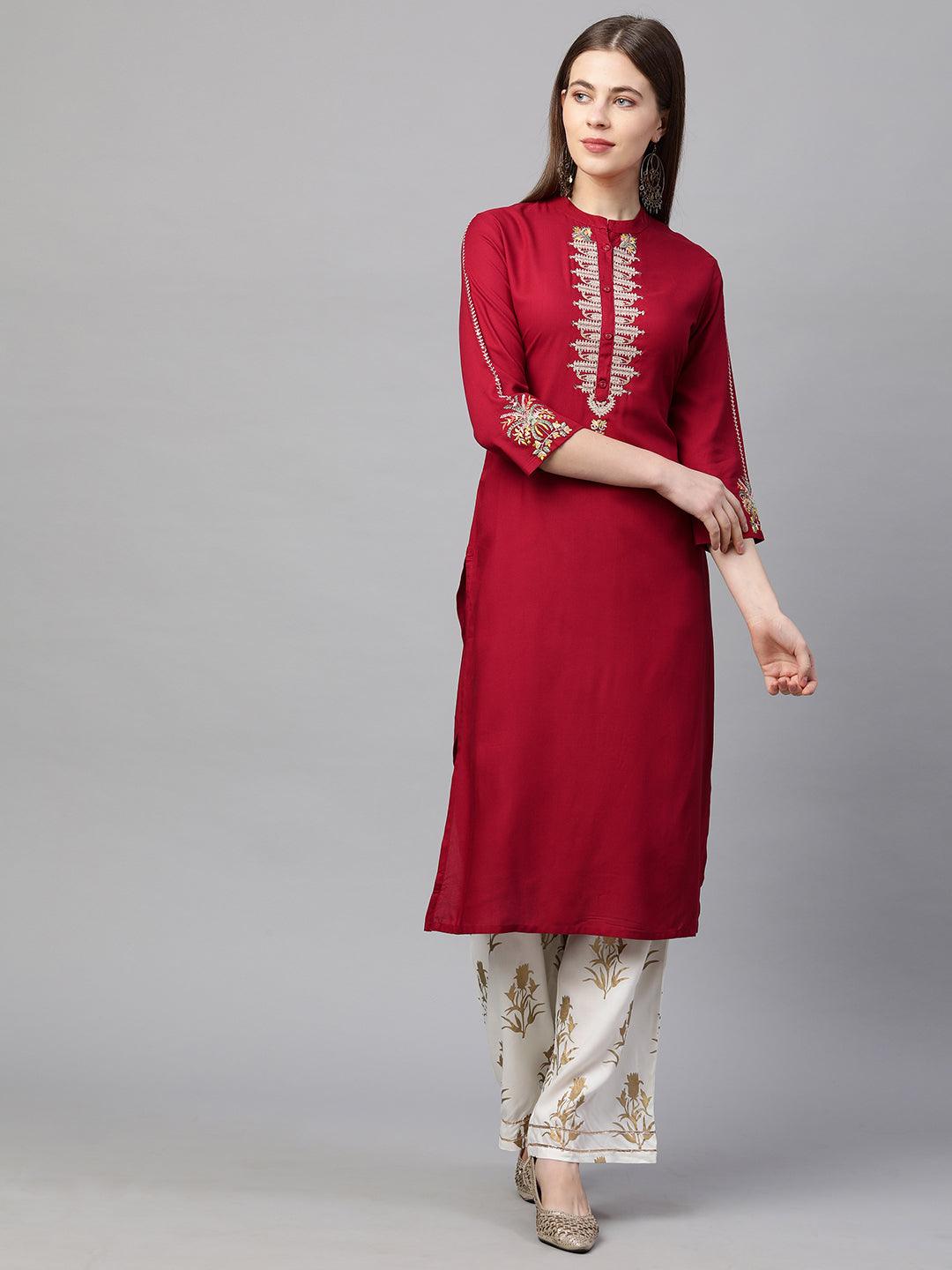 Zari Embroidered Straight Kurta - Garnet Red - Indiakreations