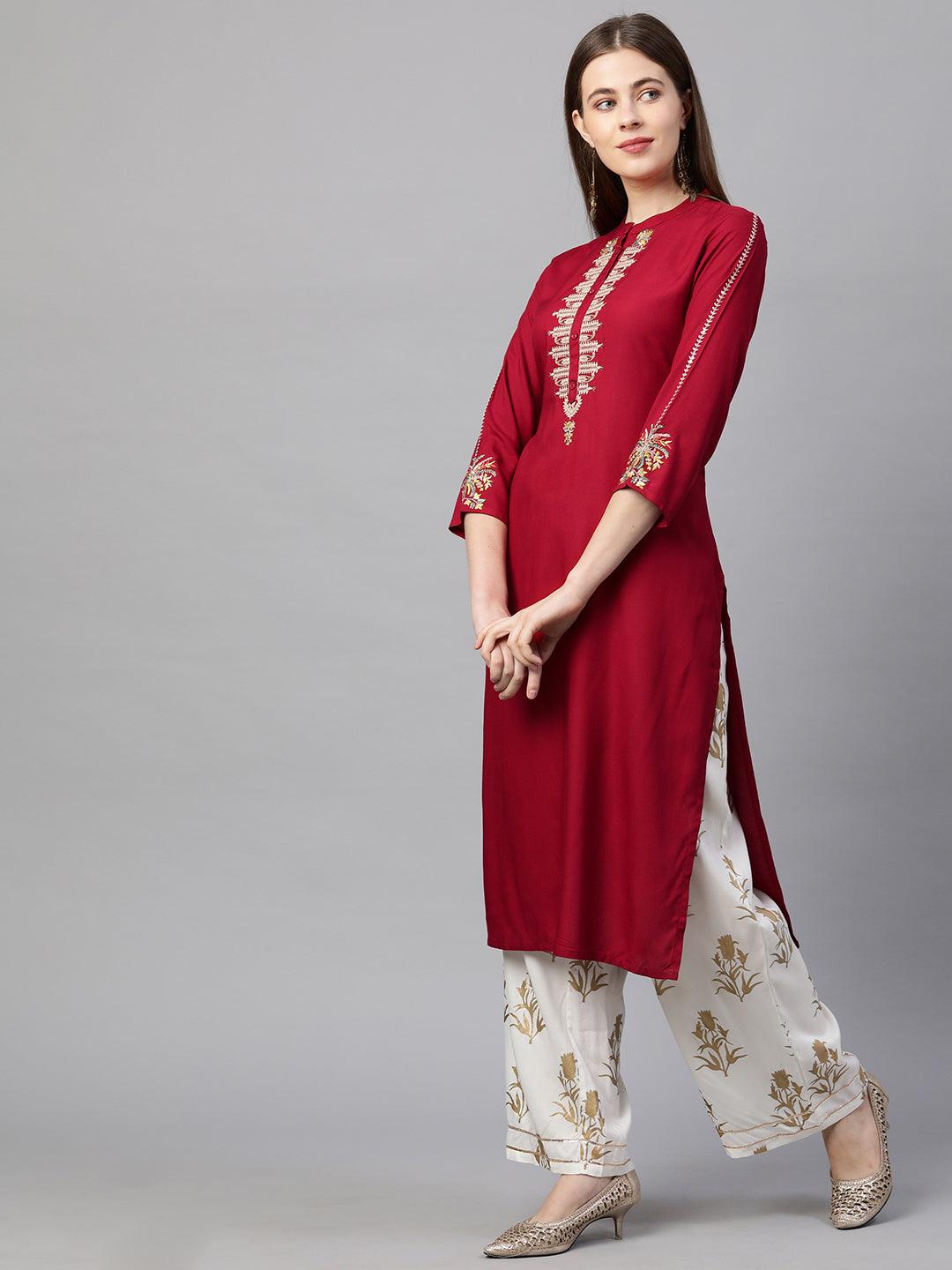 Zari Embroidered Straight Kurta - Garnet Red - Indiakreations