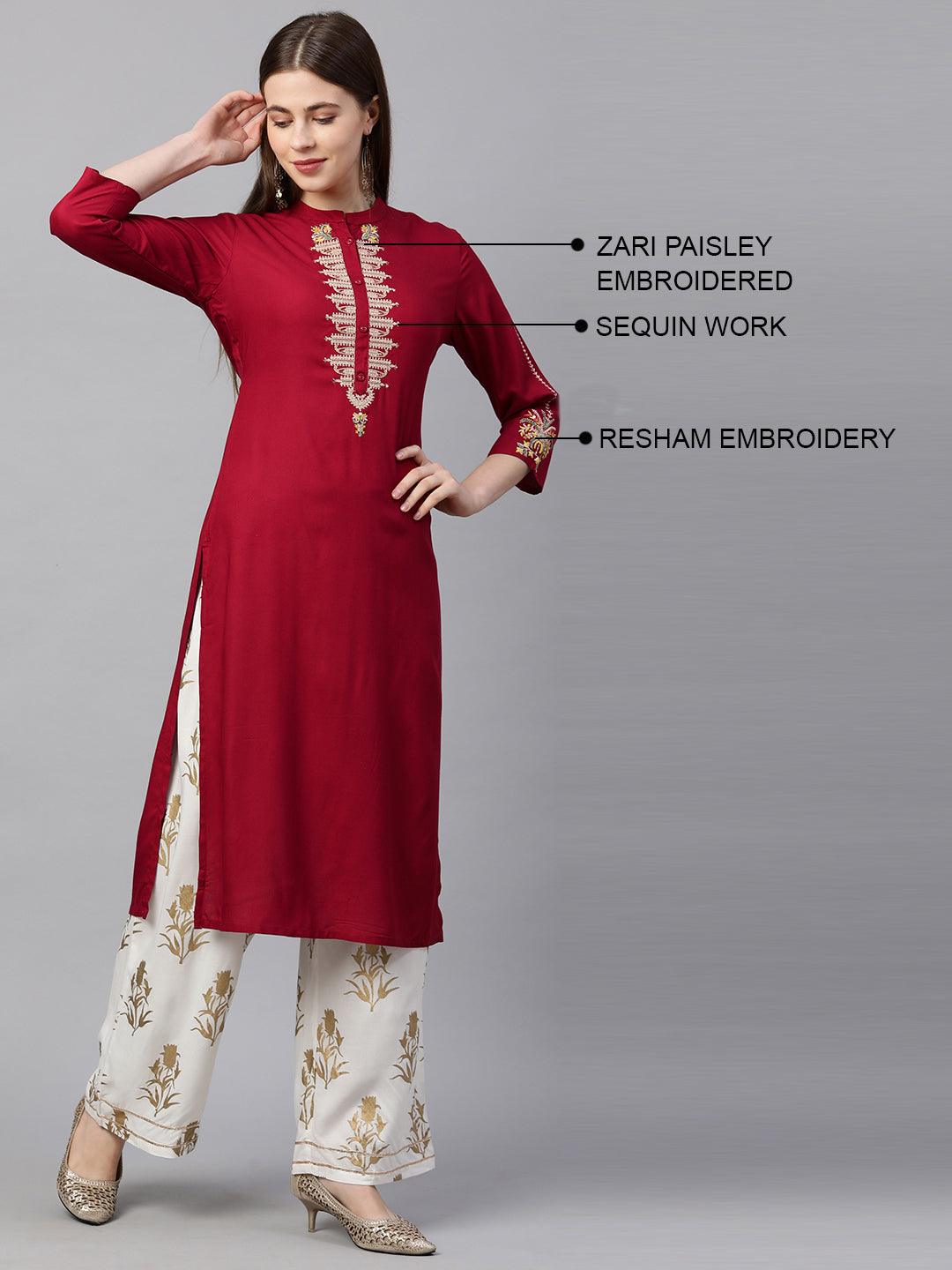 Zari Embroidered Straight Kurta - Garnet Red - Indiakreations