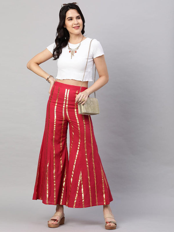 Lurex Woven Stripes Flare Palazzo - Red - Indiakreations