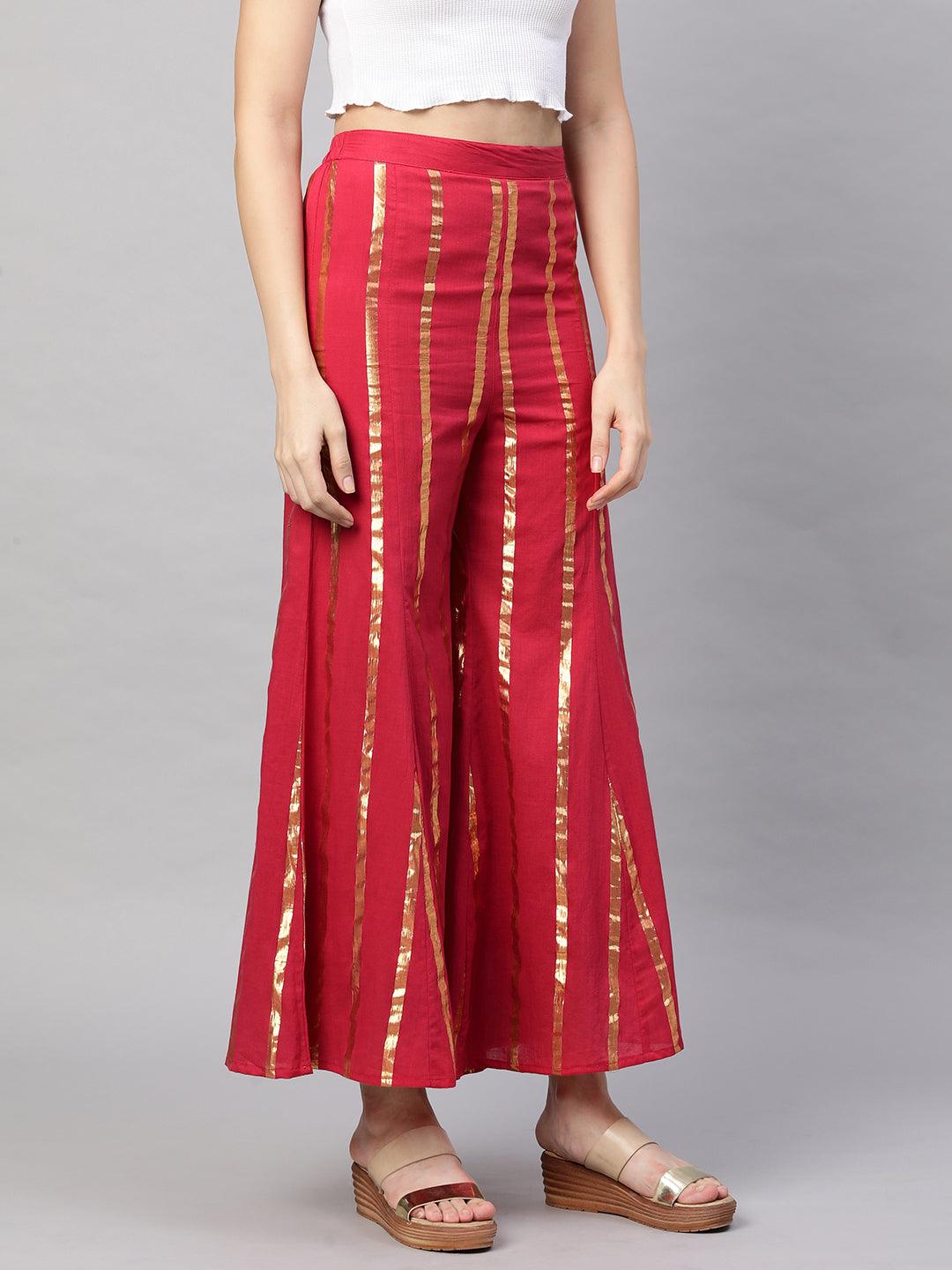 Lurex Woven Stripes Flare Palazzo - Red - Indiakreations