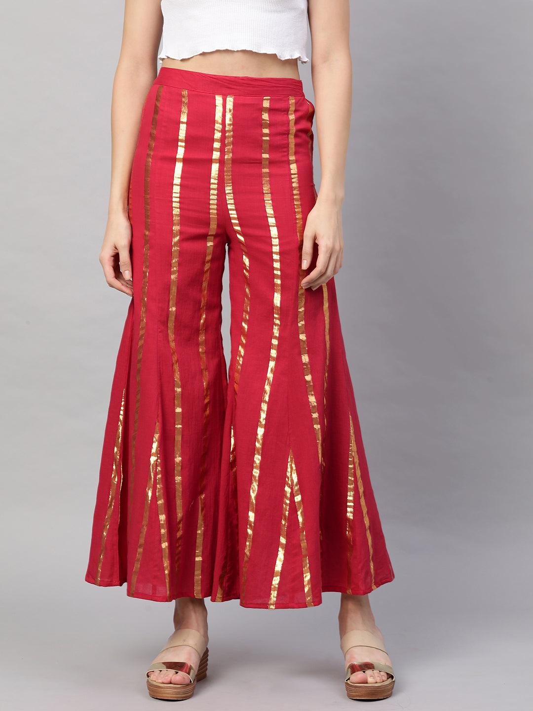 Lurex Woven Stripes Flare Palazzo - Red - Indiakreations