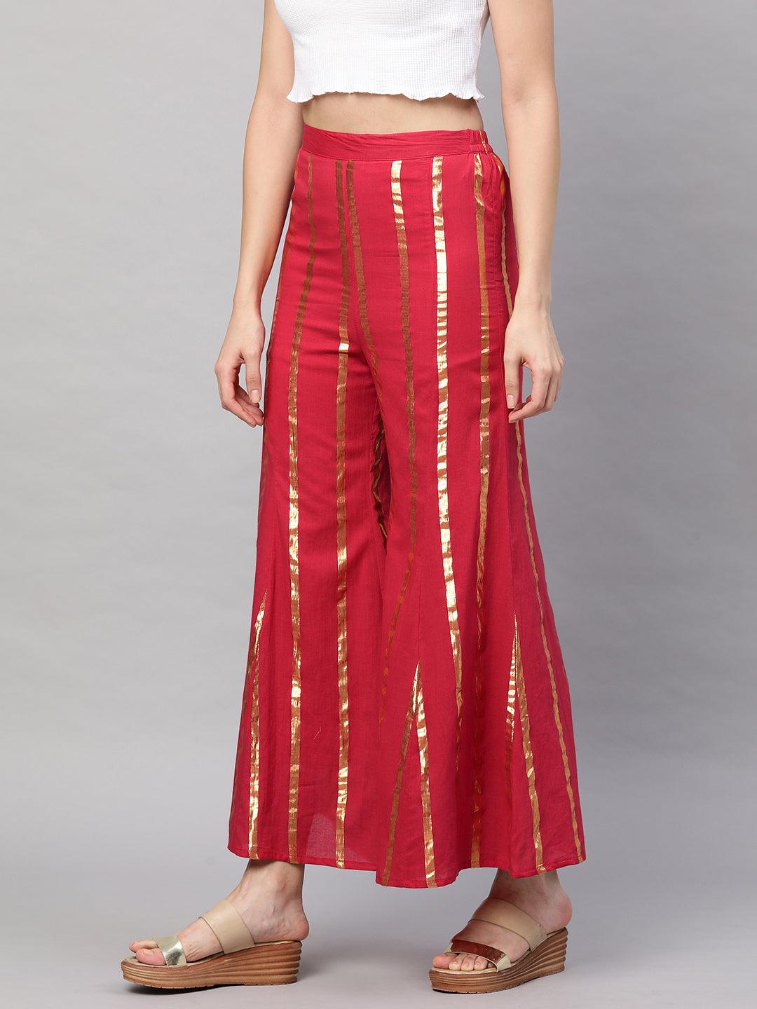 Lurex Woven Stripes Flare Palazzo - Red - Indiakreations