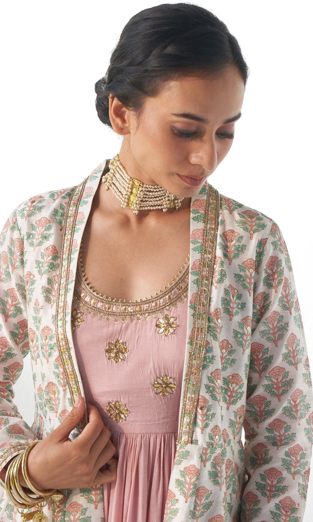 Jahanara Pink Gota Embroidered Anarkali With Chooridar and Jacket- Set of 3 - RTS - Indiakreations