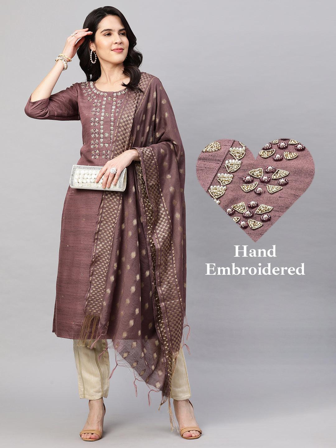 Ethnic Embroidered Kurta with Dupatta - Rosewood - Indiakreations