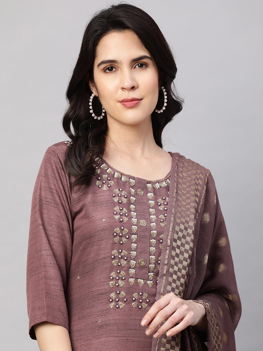 Ethnic Embroidered Kurta with Dupatta - Rosewood - Indiakreations