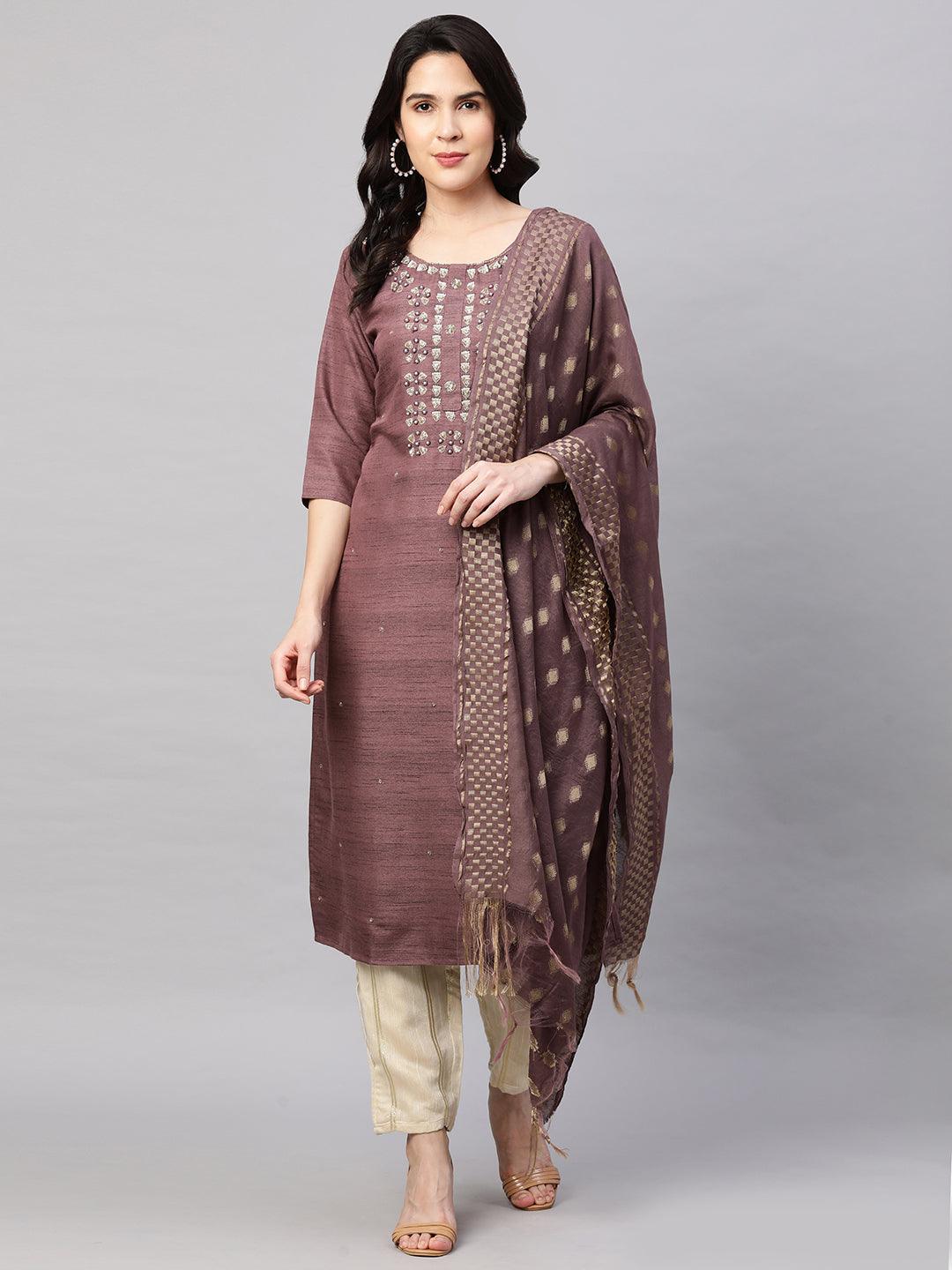 Ethnic Embroidered Kurta with Dupatta - Rosewood - Indiakreations