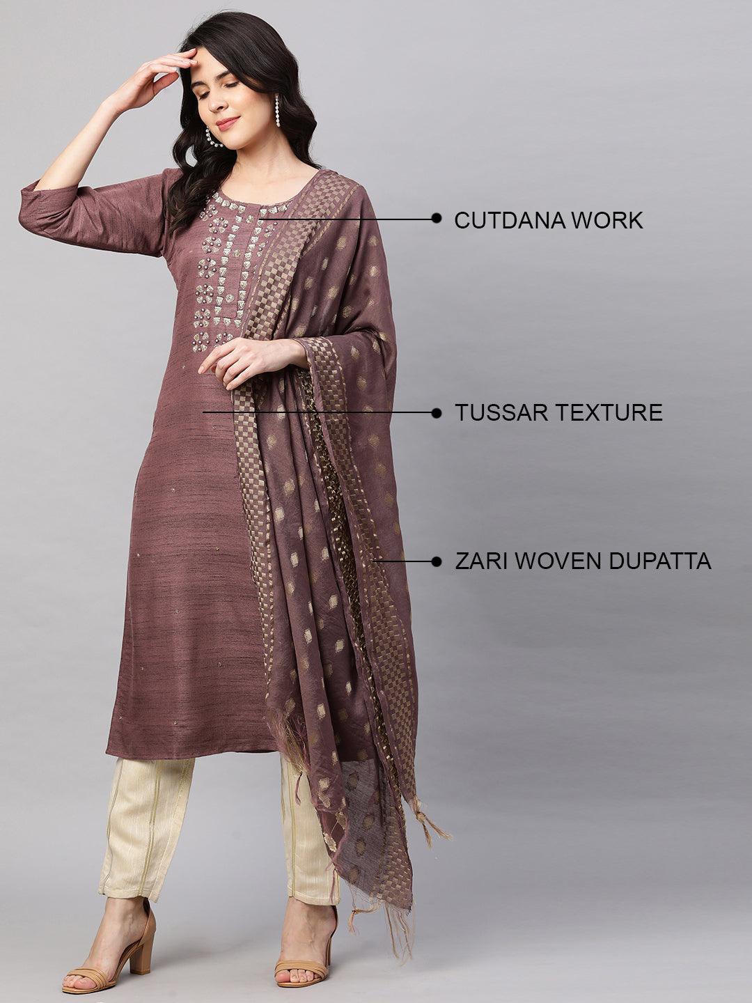 Ethnic Embroidered Kurta with Dupatta - Rosewood - Indiakreations