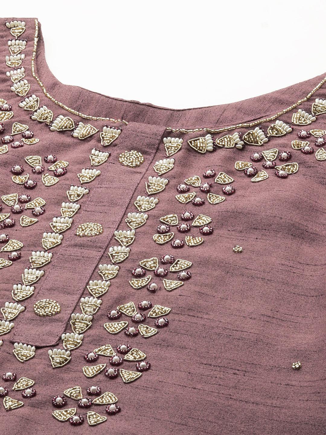 Ethnic Embroidered Kurta with Dupatta - Rosewood - Indiakreations