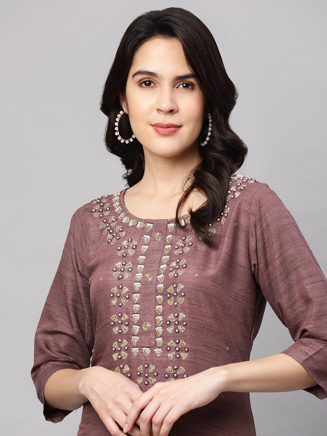 Ethnic Embroidered Kurta with Dupatta - Rosewood - Indiakreations