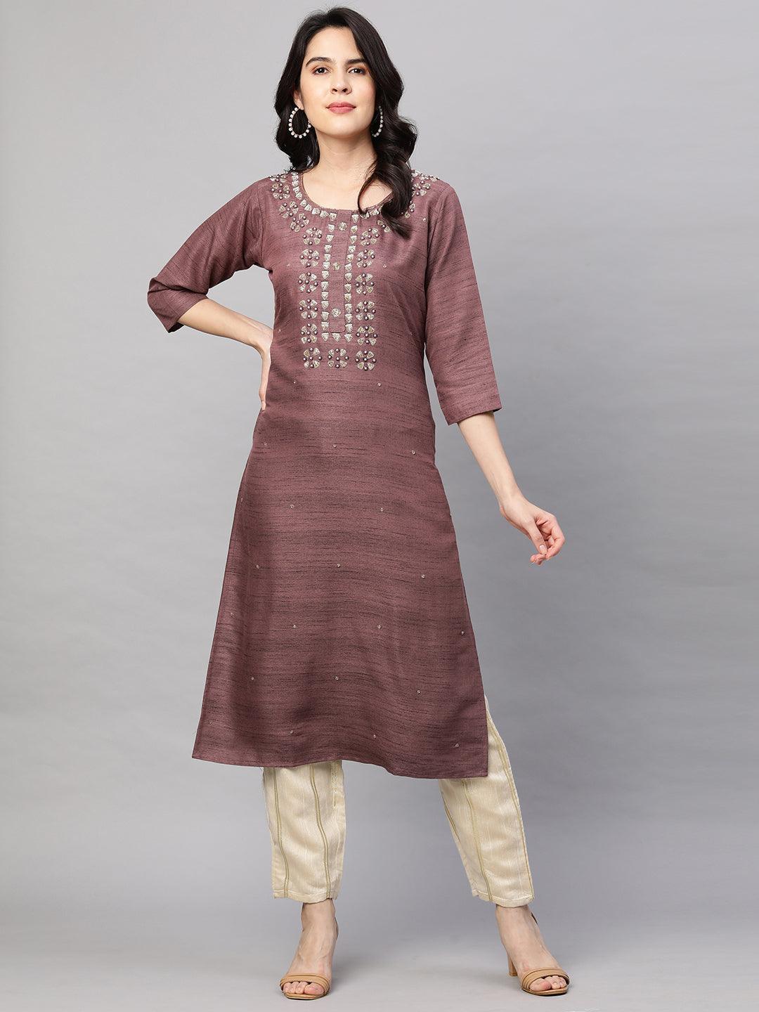 Ethnic Embroidered Kurta with Dupatta - Rosewood - Indiakreations