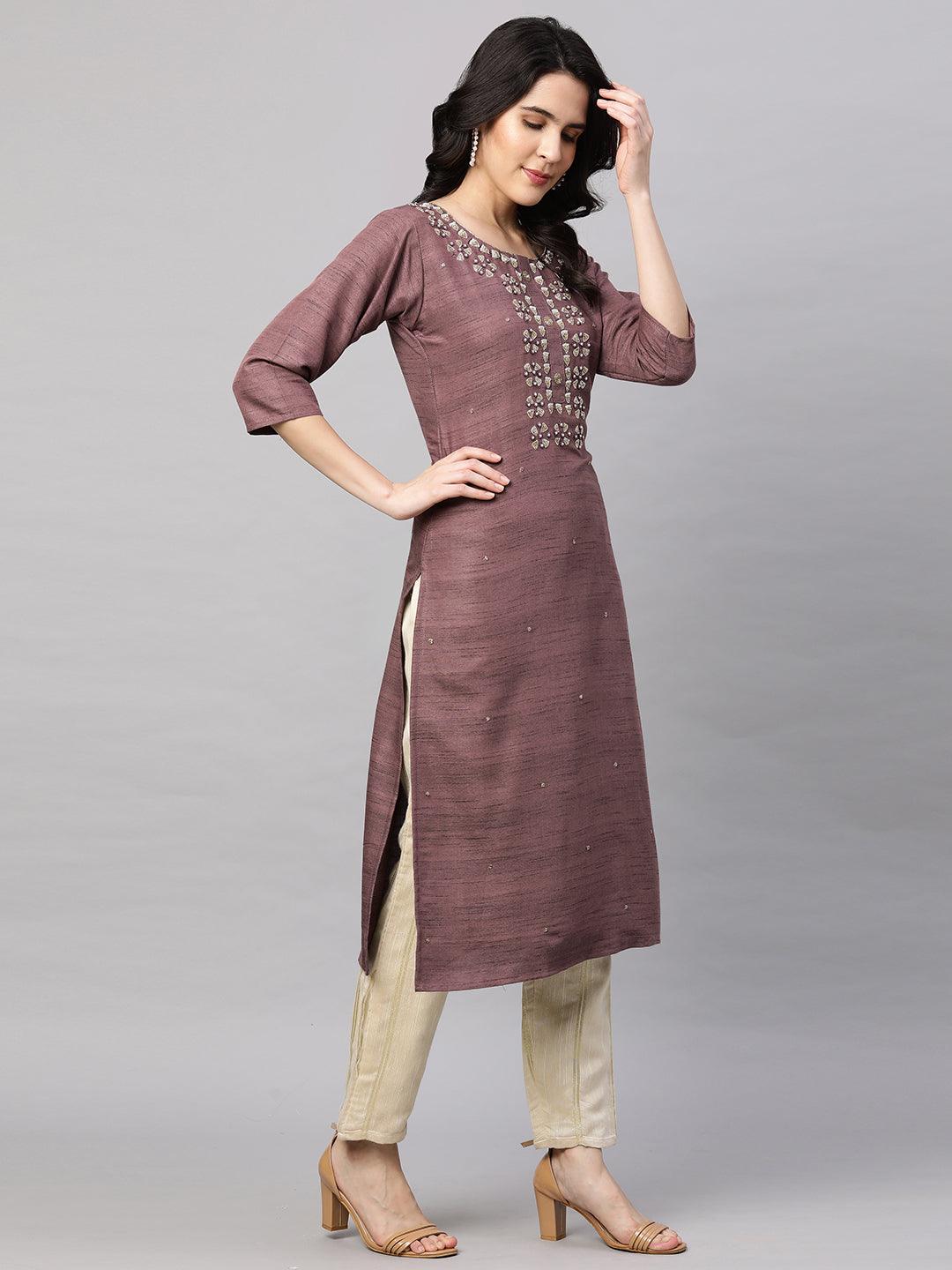 Ethnic Embroidered Kurta with Dupatta - Rosewood - Indiakreations