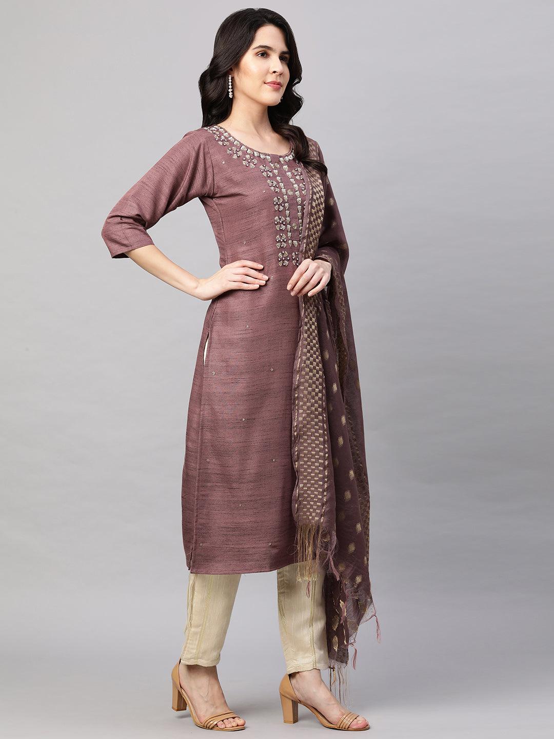 Ethnic Embroidered Kurta with Dupatta - Rosewood - Indiakreations