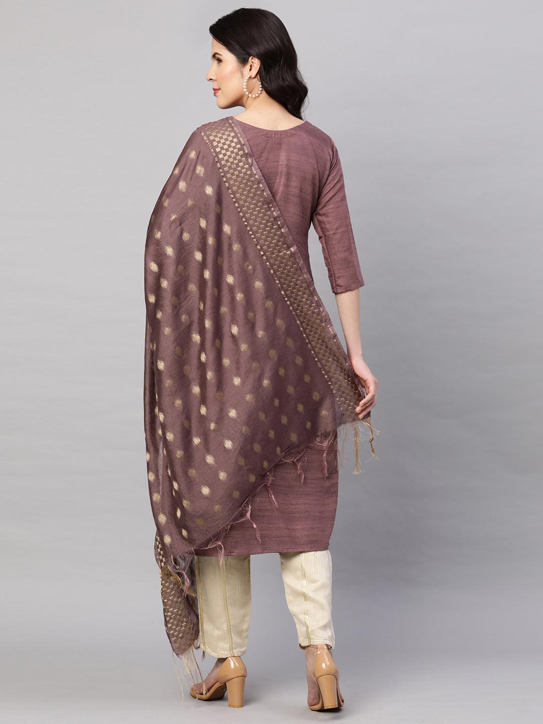 Ethnic Embroidered Kurta with Dupatta - Rosewood - Indiakreations