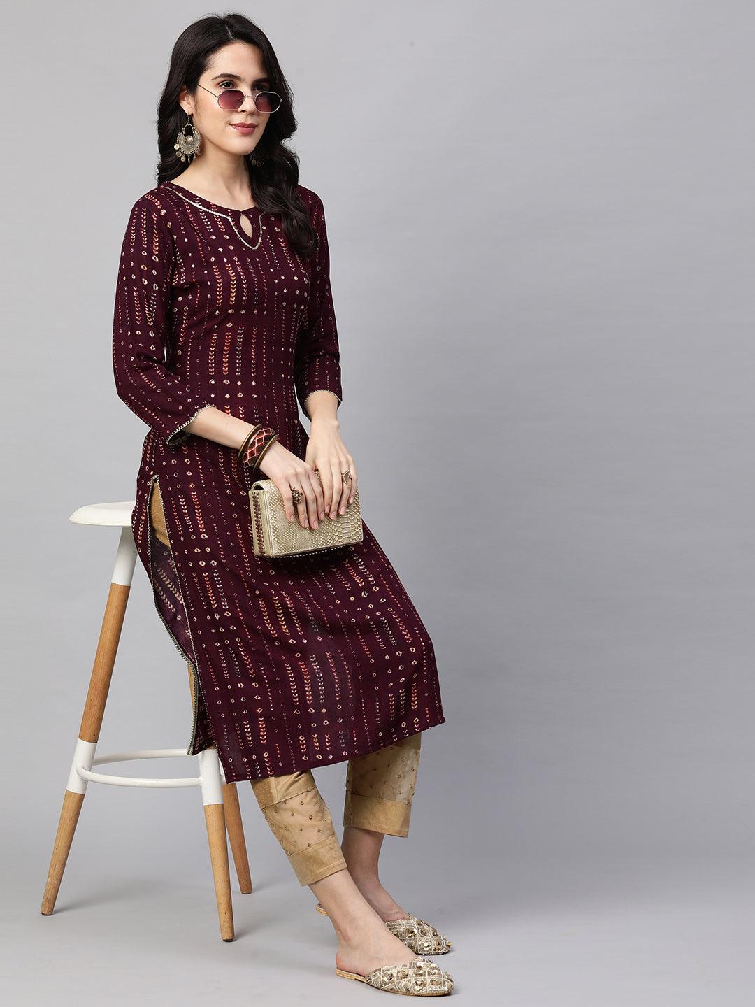 Ethnic Printed & Sequin Embellished Kurta - Burgundy - Indiakreations