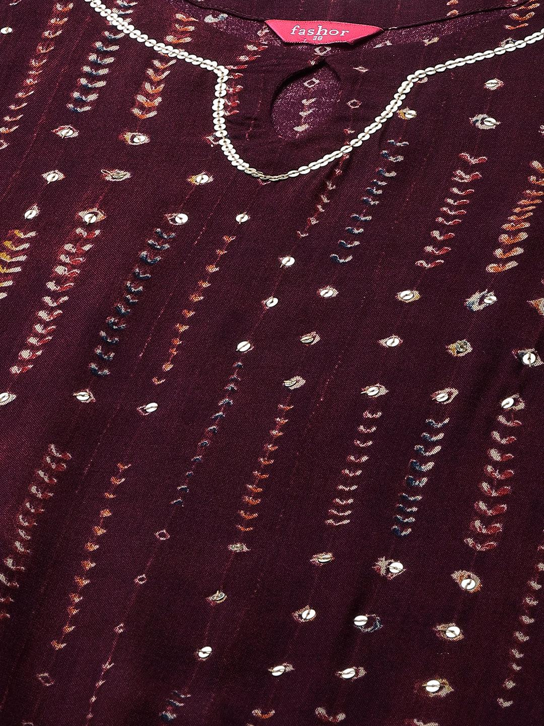 Ethnic Printed & Sequin Embellished Kurta - Burgundy - Indiakreations