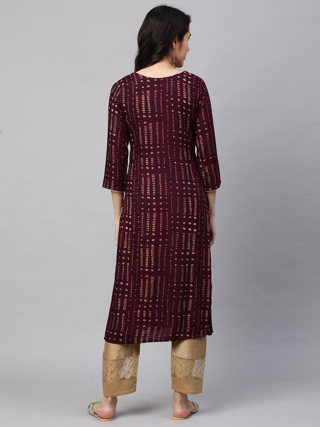 Ethnic Printed & Sequin Embellished Kurta - Burgundy - Indiakreations