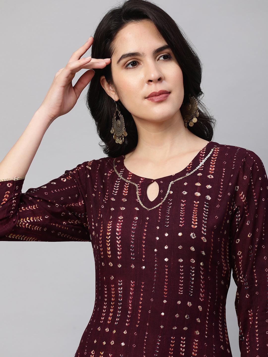 Ethnic Printed & Sequin Embellished Kurta - Burgundy - Indiakreations