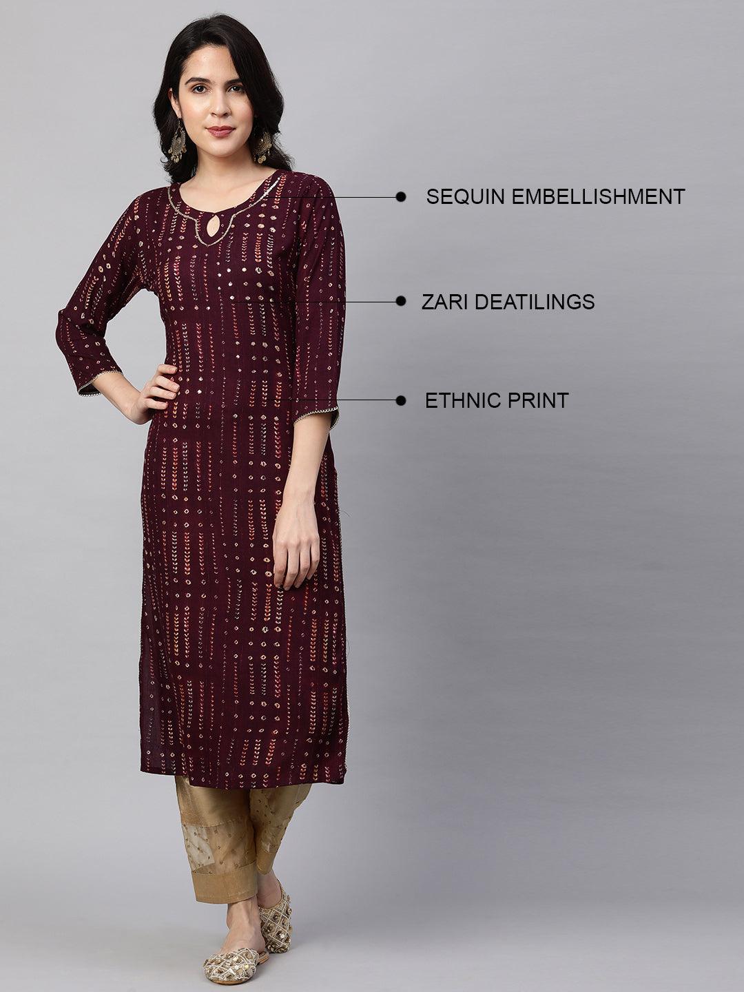 Ethnic Printed & Sequin Embellished Kurta - Burgundy - Indiakreations