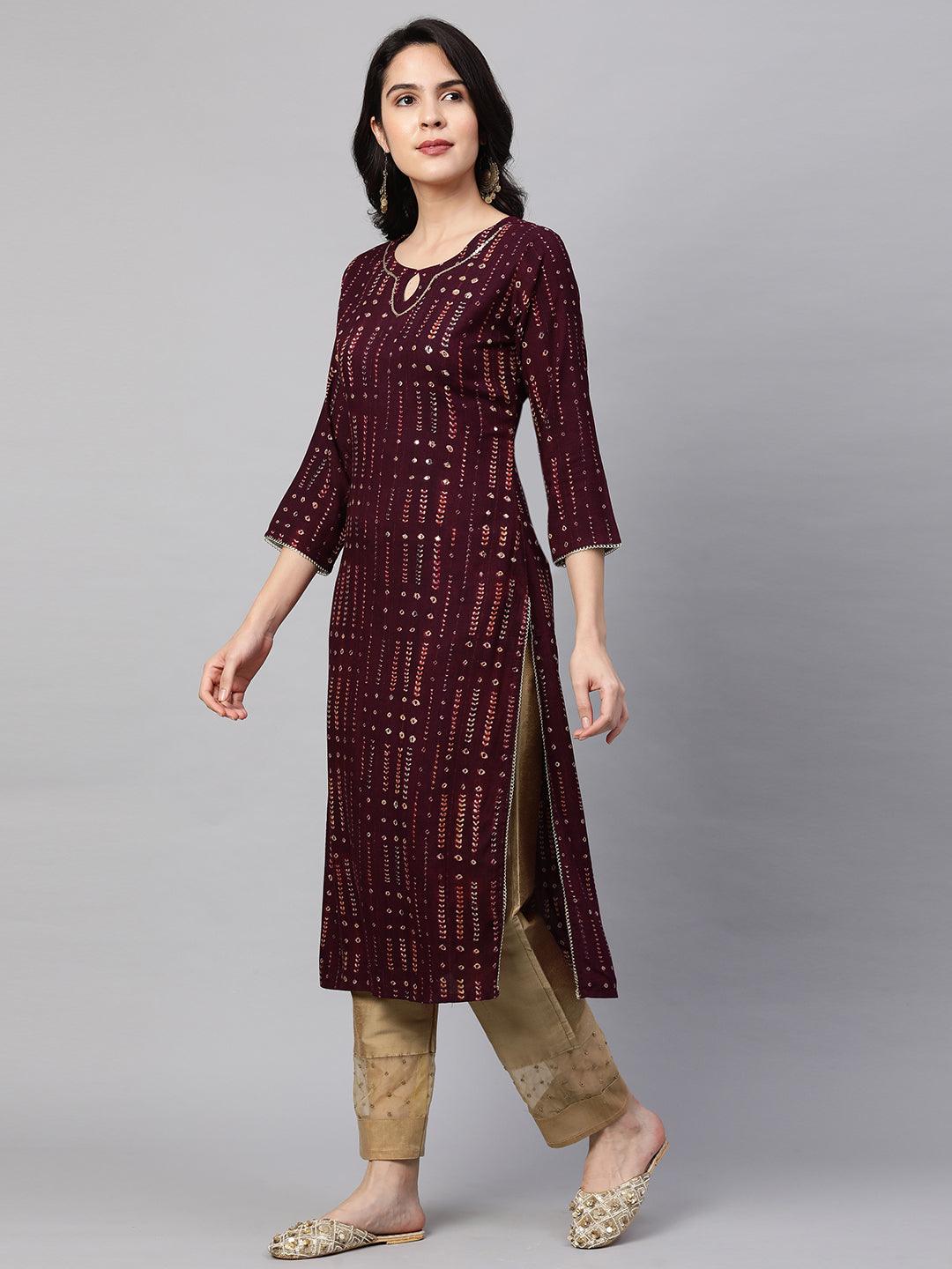 Ethnic Printed & Sequin Embellished Kurta - Burgundy - Indiakreations