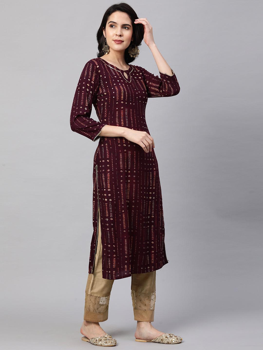 Ethnic Printed & Sequin Embellished Kurta - Burgundy - Indiakreations