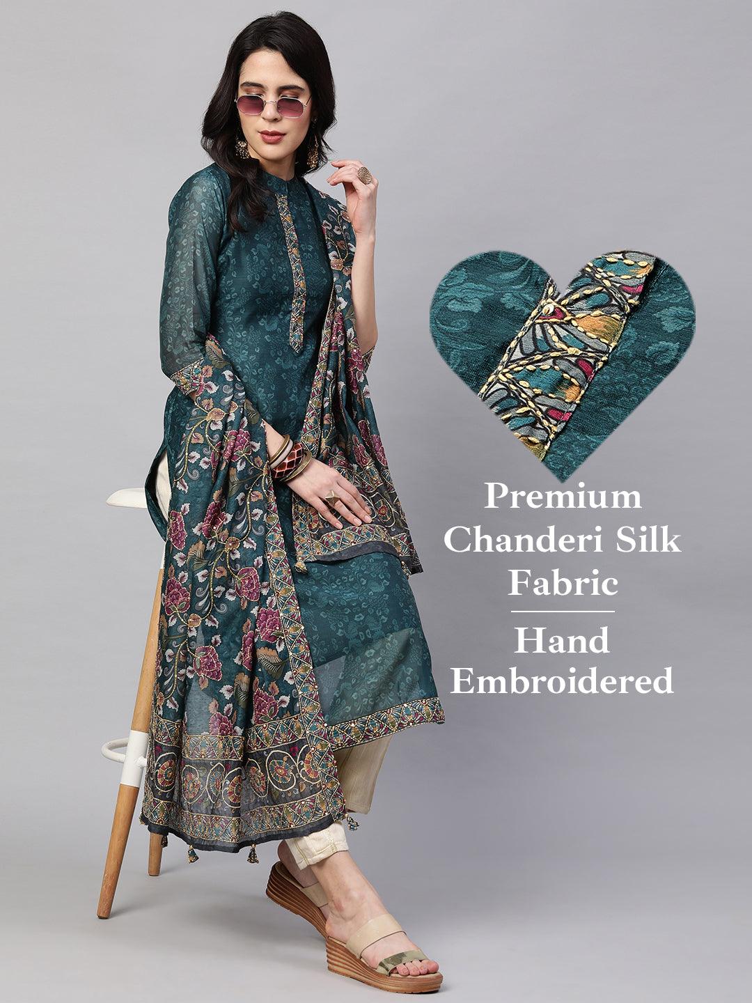 Kantha Embroidered & Printed Kurta and Dupatta - Teal Green - Indiakreations