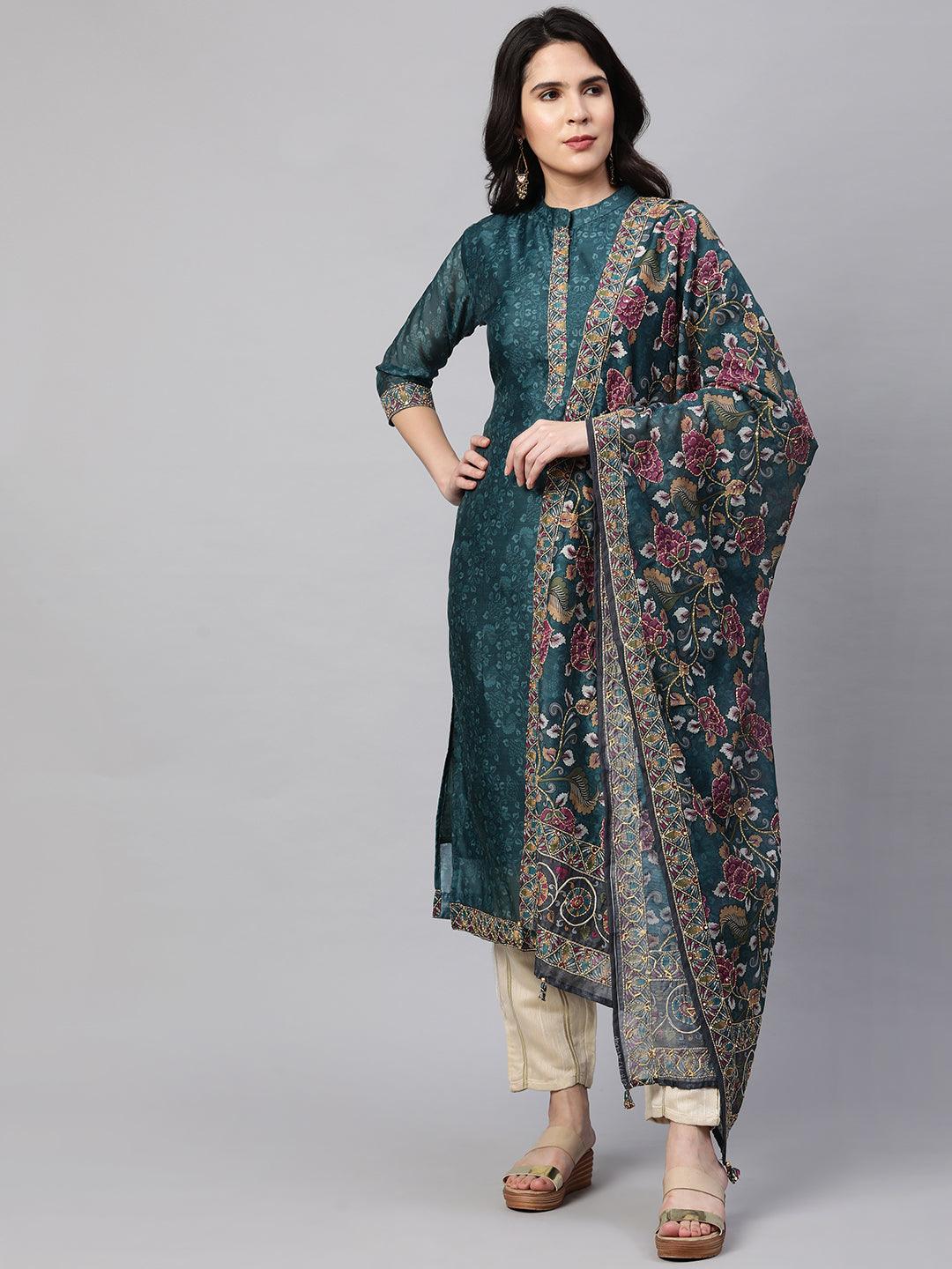 Kantha Embroidered & Printed Kurta and Dupatta - Teal Green - Indiakreations