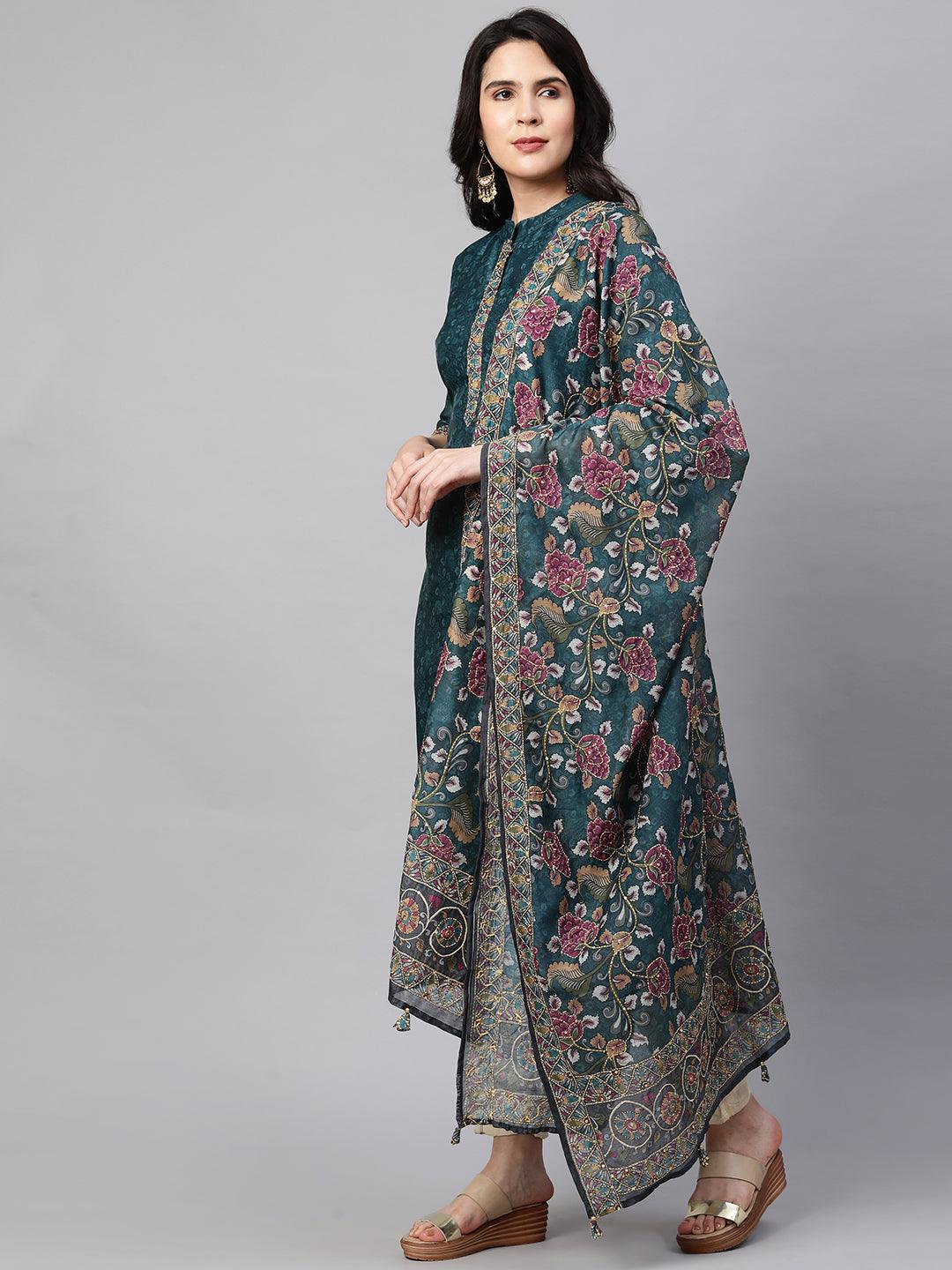 Kantha Embroidered & Printed Kurta and Dupatta - Teal Green - Indiakreations