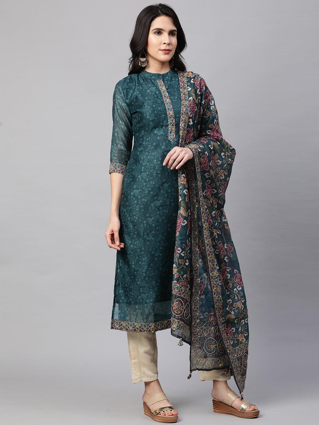 Kantha Embroidered & Printed Kurta and Dupatta - Teal Green - Indiakreations