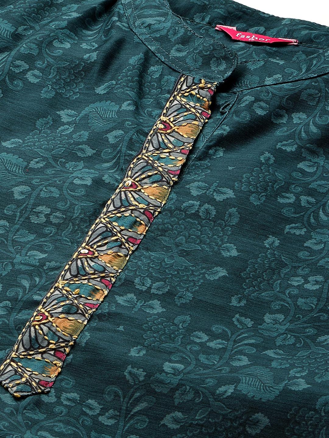 Kantha Embroidered & Printed Kurta and Dupatta - Teal Green - Indiakreations