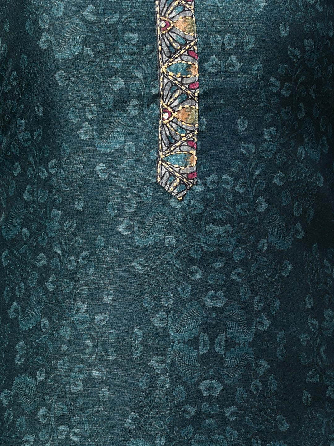 Kantha Embroidered & Printed Kurta and Dupatta - Teal Green - Indiakreations